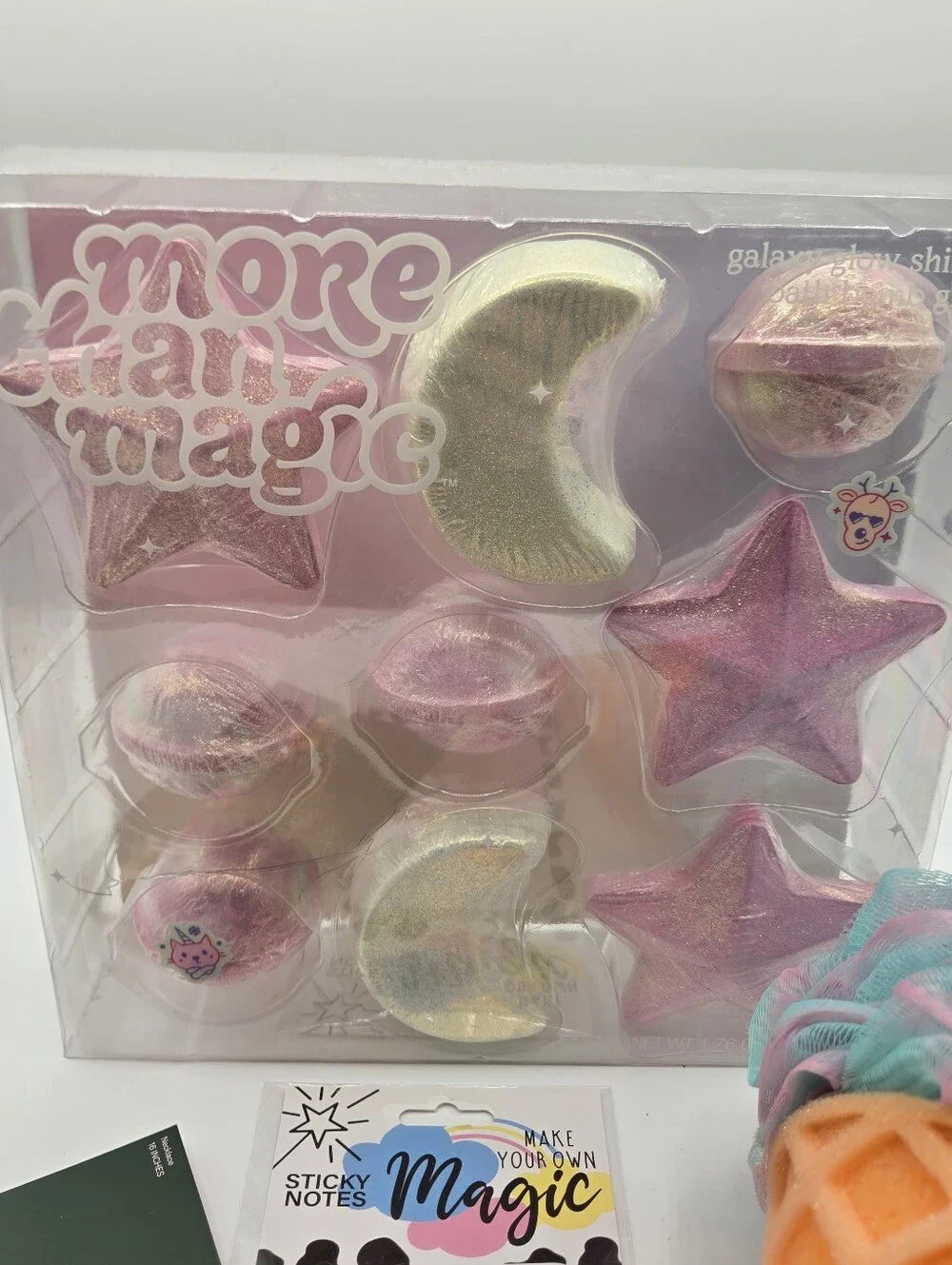 LOT of Girl Assessories NWT Bath Bombs Necklace Notes Loofah